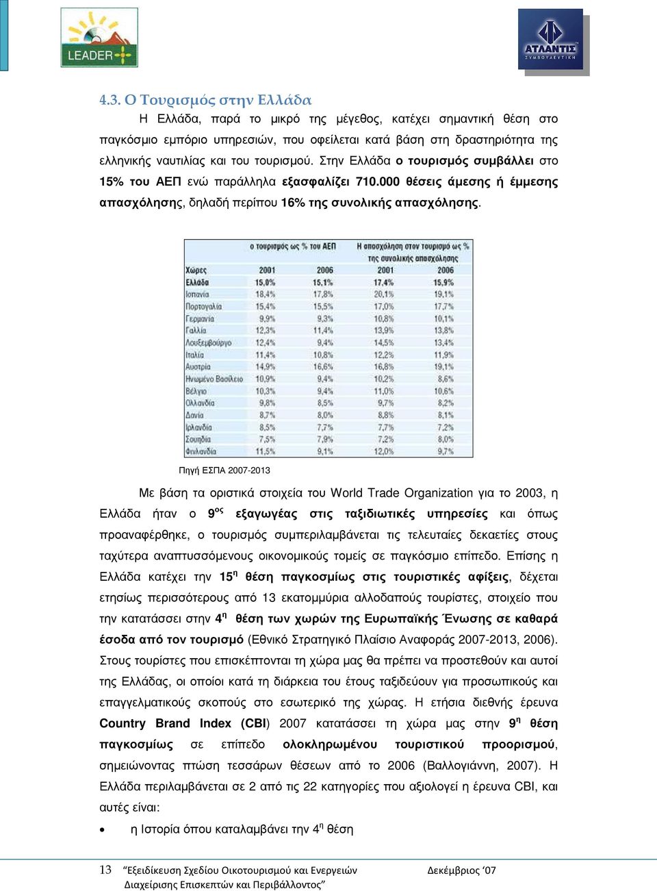 Πηγή ΕΣΠΑ 2007-2013 Με βάση τα οριστικά στοιχεία του World Trade Organization για το 2003, η Ελλάδα ήταν ο 9 ος εξαγωγέας στις ταξιδιωτικές υπηρεσίες και όπως προαναφέρθηκε, ο τουρισµός