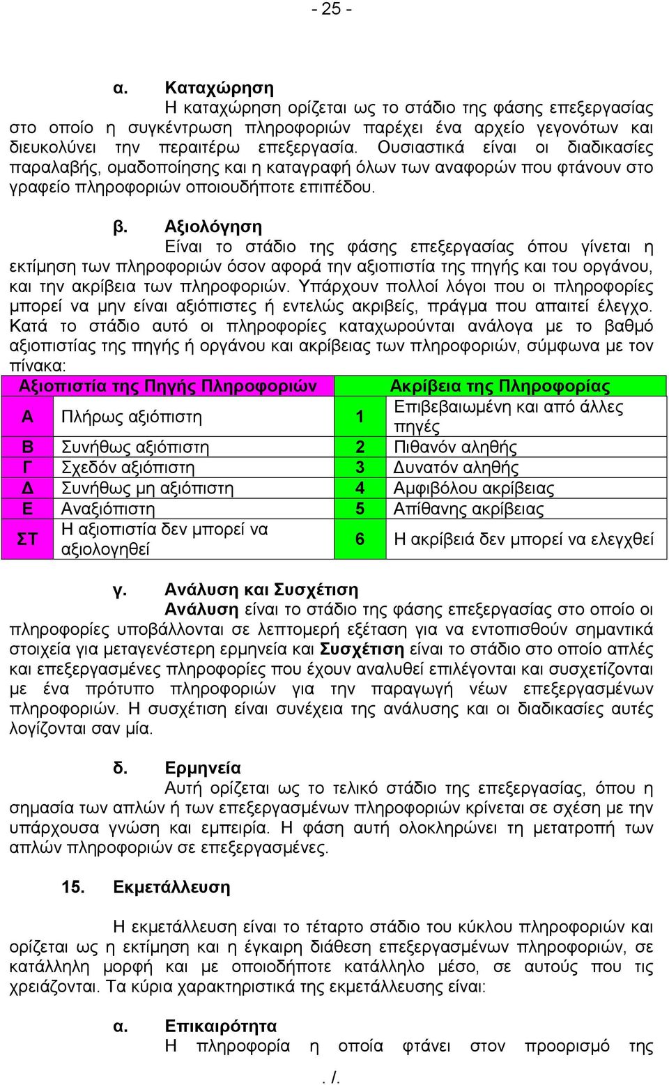 Αξιολόγηση Είναι το στάδιο της φάσης επεξεργασίας όπου γίνεται η εκτίµηση των πληροφοριών όσον αφορά την αξιοπιστία της πηγής και του οργάνου, και την ακρίβεια των πληροφοριών.