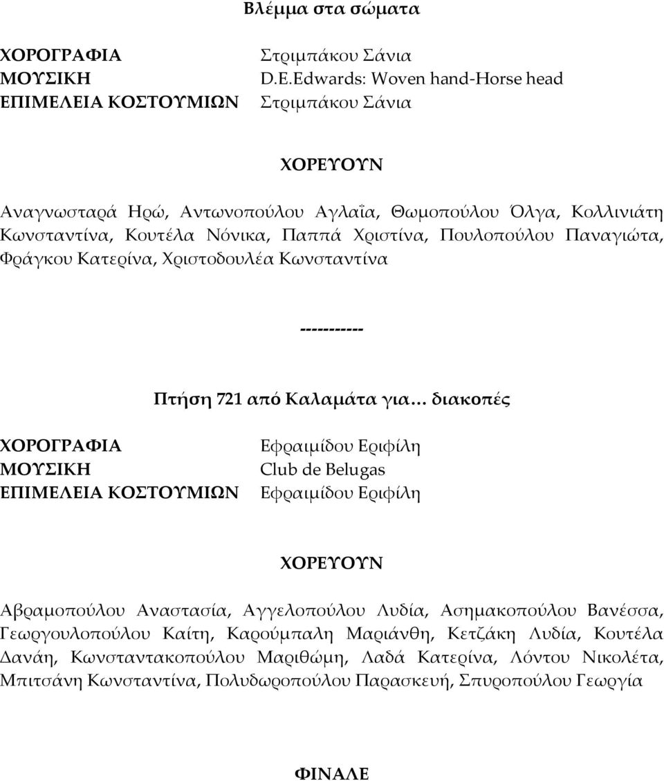 Πουλοπούλου Παναγιώτα, Φράγκου Κατερίνα, Χριστοδουλέα Κωνσταντίνα Πτήση 721 από Καλαμάτα για διακοπές ΕΠΙΜΕΛΕΙΑ ΚΟΣΤΟΥΜΙΩΝ Εφραιμίδου Εριφίλη Club de Belugas