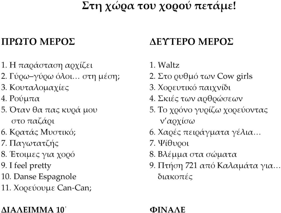 Το χρόνο γυρίζω χορεύοντας στο παζάρι ν αρχίσω 6. Κρατάς Μυστικό; 6. Χαρές πειράγματα γέλια 7. Παγωτατζής 7. Ψίθυροι 8.