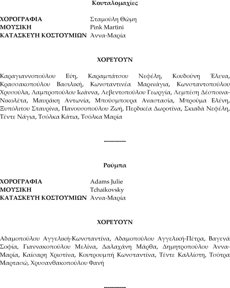 Ζωή, Περδικέα Δωροτίνα, Σκιαδά Νεφέλη, Τέντε Νάγια, Τσόλκα Κάτια, Τσόλκα Μαρία Ρούμπα Adams Julie Tchaikovsky Αδαμοπούλου Αγγελική Κωνσταντίνα, Αδαμοπούλου Αγγελική