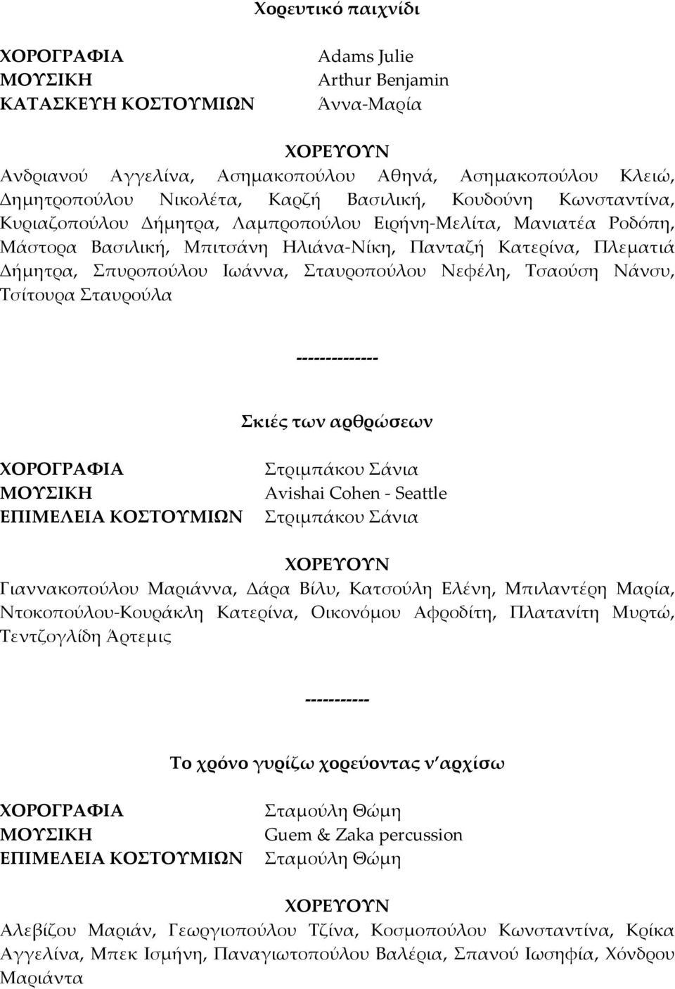 Τσαούση Νάνσυ, Τσίτουρα Σταυρούλα Σκιές των αρθρώσεων ΕΠΙΜΕΛΕΙΑ ΚΟΣΤΟΥΜΙΩΝ Στριμπάκου Σάνια Avishai Cohen Seattle Στριμπάκου Σάνια Γιαννακοπούλου Μαριάννα, Δάρα Βίλυ, Κατσούλη Ελένη, Μπιλαντέρη