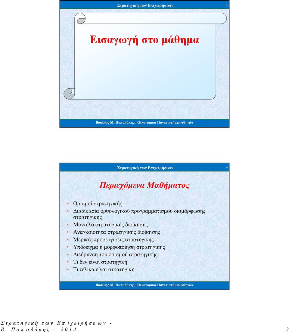 διοίκησης Αναγκαιότητα στρατηγικής διοίκησης Μερικές προσεγγίσεις στρατηγικής Υπόδειγμα ή