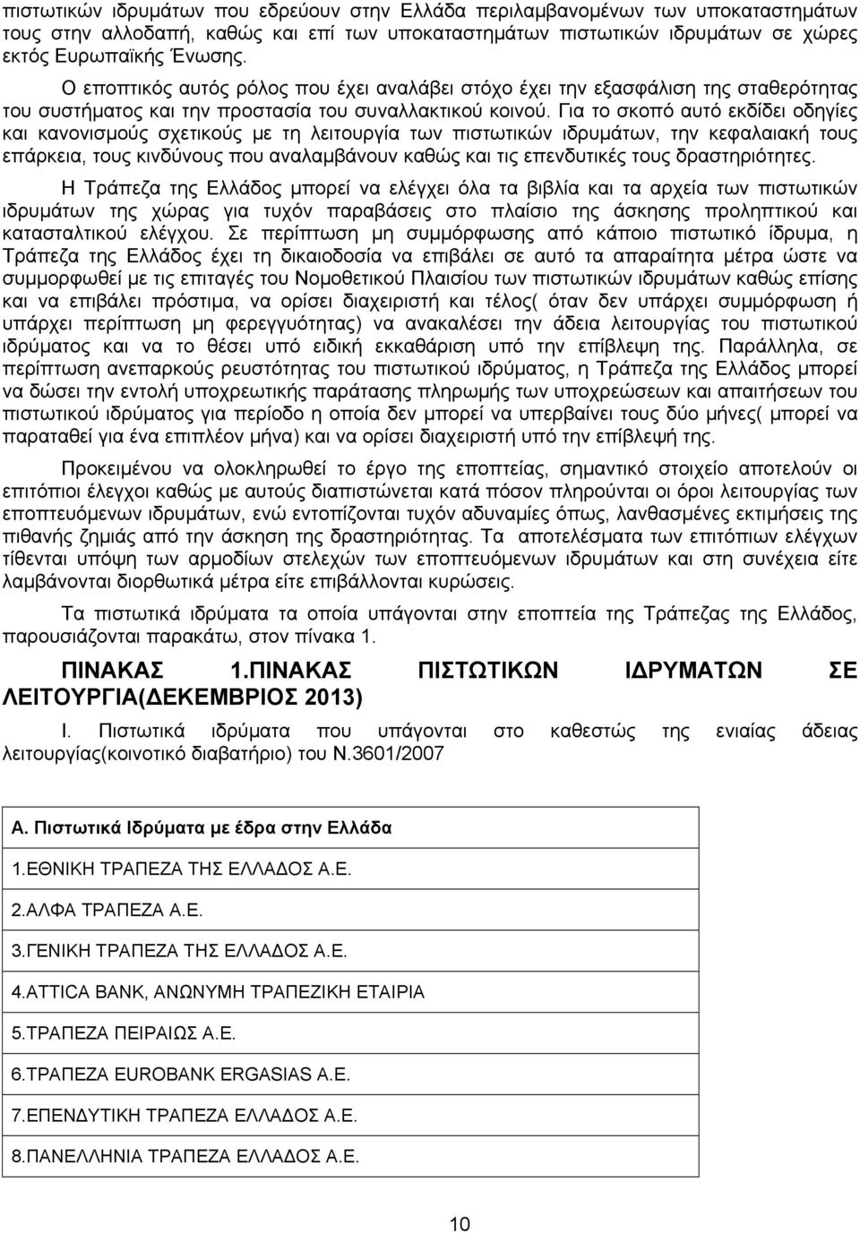 Για το σκοπό αυτό εκδίδει οδηγίες και κανονισμούς σχετικούς με τη λειτουργία των πιστωτικών ιδρυμάτων, την κεφαλαιακή τους επάρκεια, τους κινδύνους που αναλαμβάνουν καθώς και τις επενδυτικές τους