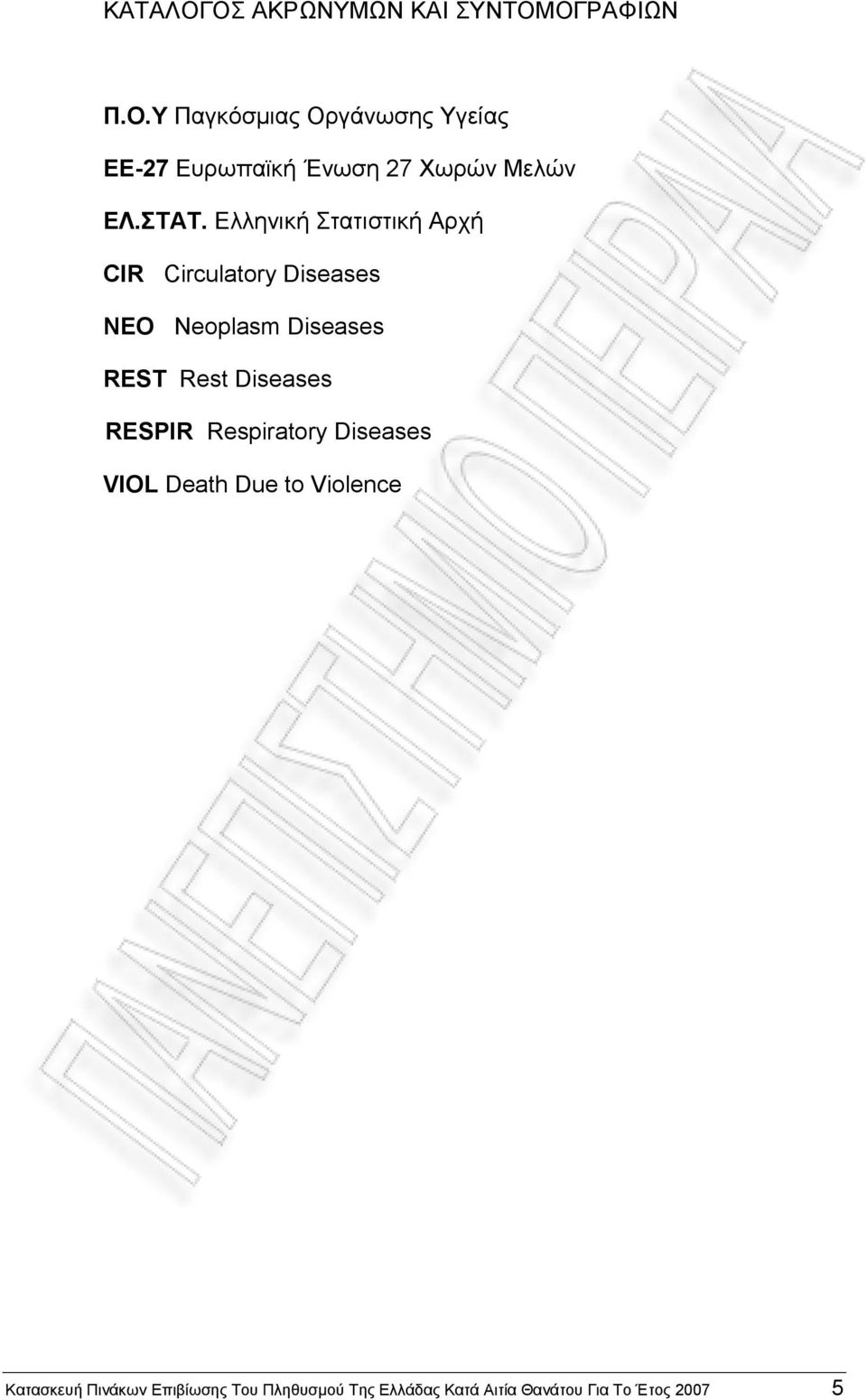 Diseases RESPIR Respiratory Diseases VIOL Death Due to Violence Κατασκευή Πινάκων