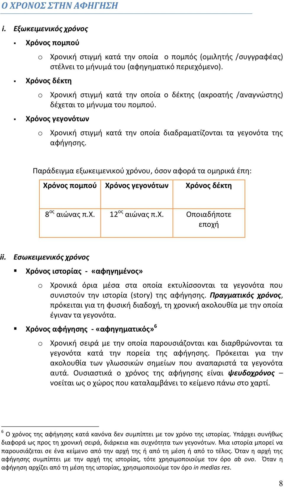 Παράδειγμα εξωκειμενικού χρόνου, όσον αφορά τα ομηρικά έπη: Χρόνος πομπού Χρόνος γεγονότων Χρόνος δέκτη 8 ος αιώνας π.χ. 12 ος αιώνας π.χ. Οποιαδήποτε εποχή ii.