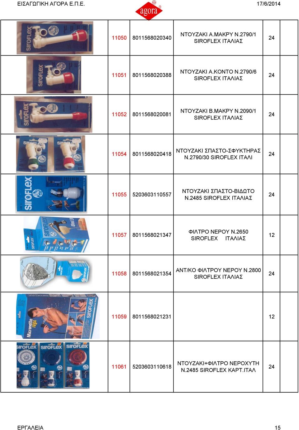 2790/30 SIROFLEX ΙΤΑΛΙ 11055 520303110557 ΝΤΟΥΖΑΚΙ ΣΠΑΣΤΟ-ΒΙ ΩΤΟ Ν.85 SIROFLEX ΙΤΑΛΙΑΣ 11057 801158021347 ΦΙΛΤΡΟ ΝΕΡΟΥ Ν.