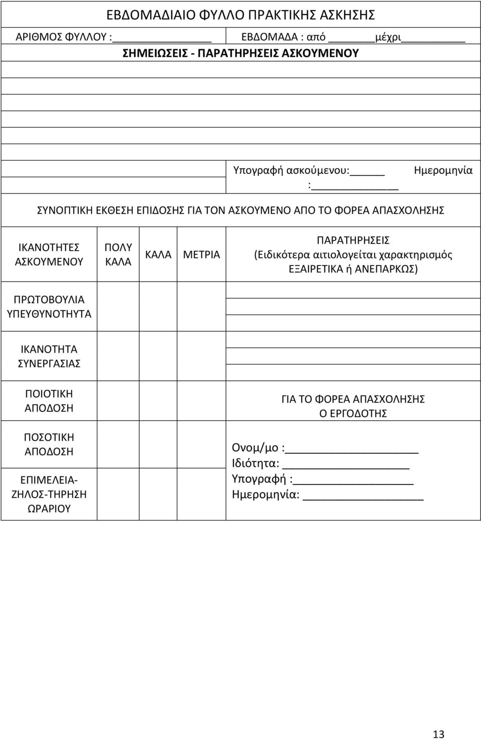 ΜΕΤΡΙΑ ΠΑΡΑΤΗΡΗΣΕΙΣ (Ειδικότερα αιτιολογείται χαρακτηρισμός ΕΞΑΙΡΕΤΙΚΑ ή ΑΝΕΠΑΡΚΩΣ) ΠΡΩΤΟΒΟΥΛΙΑ ΥΠΕΥΘΥΝΟΤΗΥΤΑ ΙΚΑΝΟΤΗΤΑ