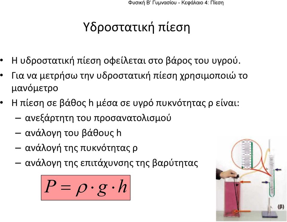 βάθος h μέσα σε υγρό πυκνότητας ρ είναι: ανεξάρτητη του προσανατολισμού