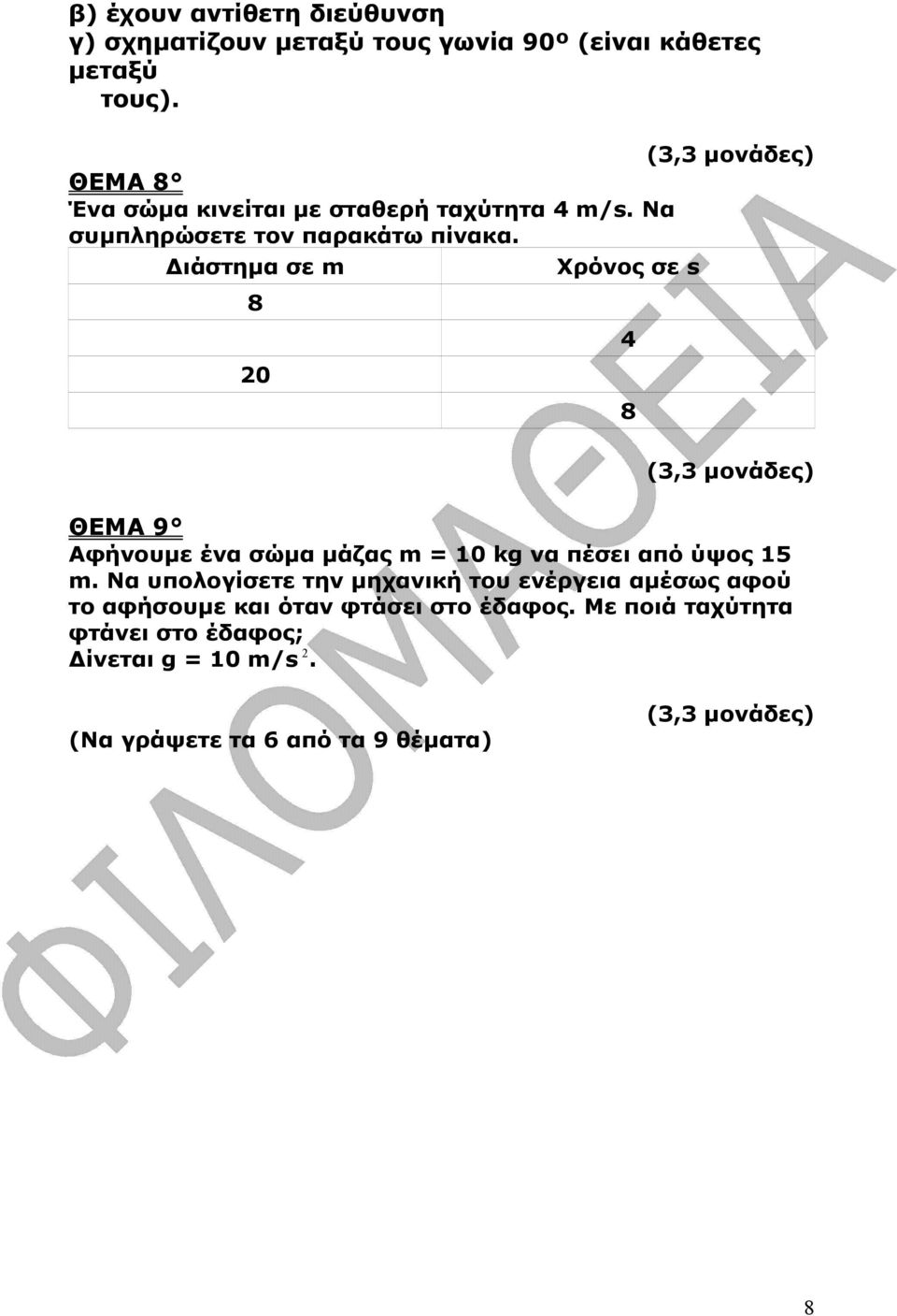 ιάστηµα σε m Χρόνος σε s 8 20 4 8 ΘΕΜΑ 9 Αφήνουµε ένα σώµα µάζας m = 10 kg να πέσει από ύψος 15 m.