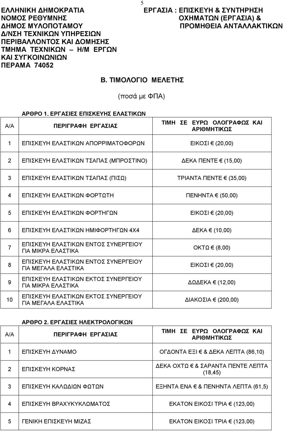 ΕΡΓΑΣΙΕΣ ΕΠΙΣΚΕΥΗΣ ΕΛΑΣΤΙΚΩΝ ΠΕΡΙΓΡΑΦΗ ΕΡΓΑΣΙΑΣ 1 ΕΠΙΣΚΕΥΗ ΕΛΑΣΤΙΚΩΝ ΑΠΟΡΡΙΜΑΤΟΦΟΡΩΝ ΕΙΚΟΣΙ (20,00) 2 ΕΠΙΣΚΕΥΗ ΕΛΑΣΤΙΚΩΝ ΤΣΑΠΑΣ (ΜΠΡΟΣΤΙΝΟ) ΔΕΚΑ ΠΕΝΤΕ (15,00) 3 ΕΠΙΣΚΕΥΗ ΕΛΑΣΤΙΚΩΝ ΤΣΑΠΑΣ (ΠΙΣΩ)