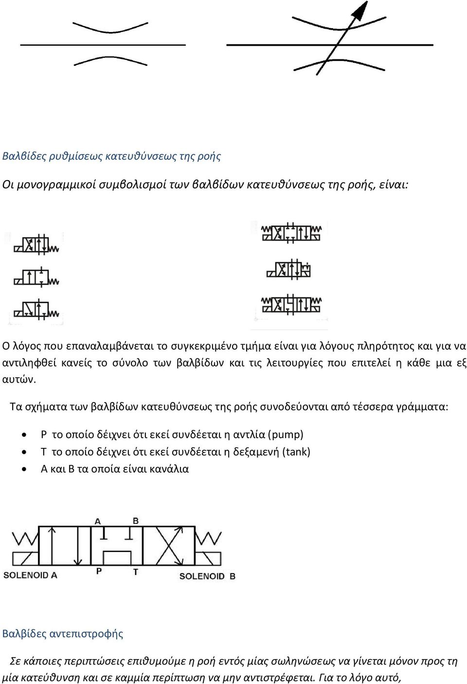 Τα σχήματα των βαλβίδων κατευθύνσεως της ροής συνοδεύονται από τέσσερα γράμματα: P το οποίο δέιχνει ότι εκεί συνδέεται η αντλία (pump) T το οποίο δέιχνει ότι εκεί συνδέεται η