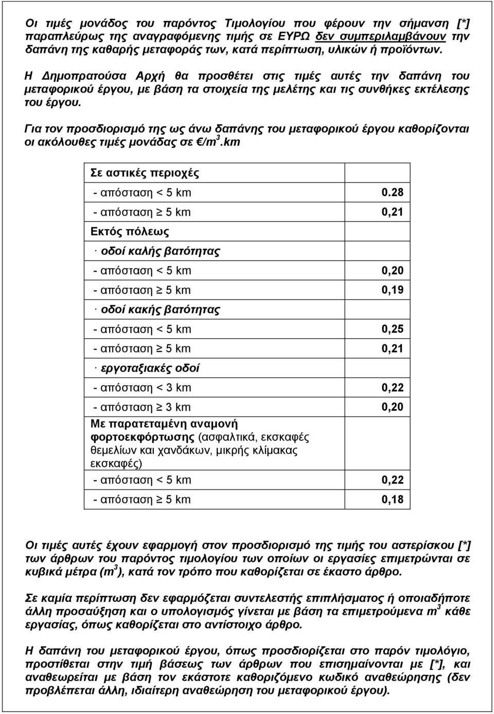 Για τον προσδιορισμό της ως άνω δαπάνης του μεταφορικού έργου καθορίζονται οι ακόλουθες τιμές μονάδας σε /m 3.km Σε αστικές περιοχές - απόσταση < 5 km 0.