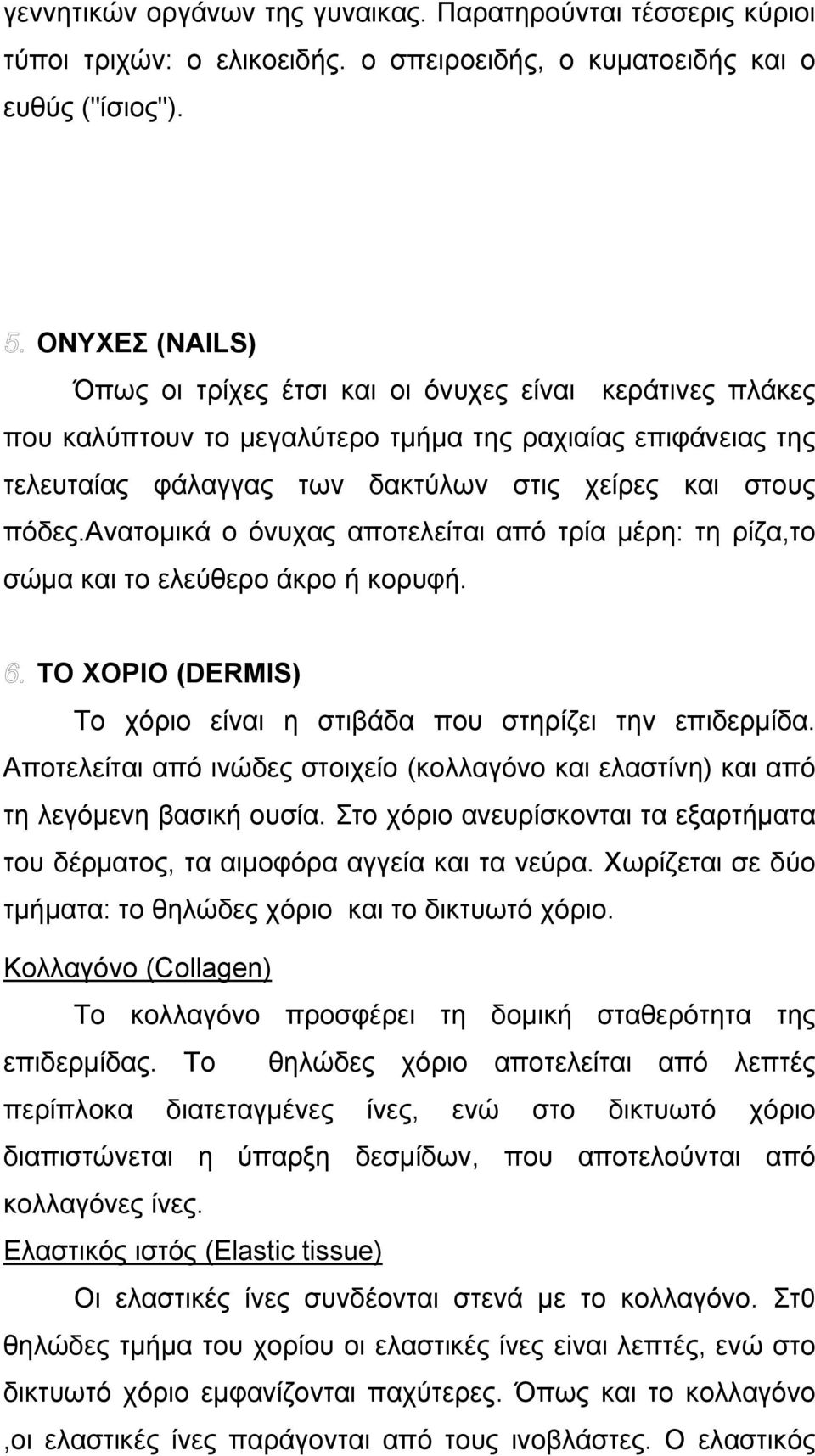 ανατοµικά ο όνυχας αποτελείται από τρία µέρη: τη ρίζα,το σώµα και το ελεύθερο άκρο ή κoρυφή. ΤΟ ΧΟΡΙΟ (DERMIS) Το χόριο είναι η στιβάδα που στηρίζει την επιδερµίδα.