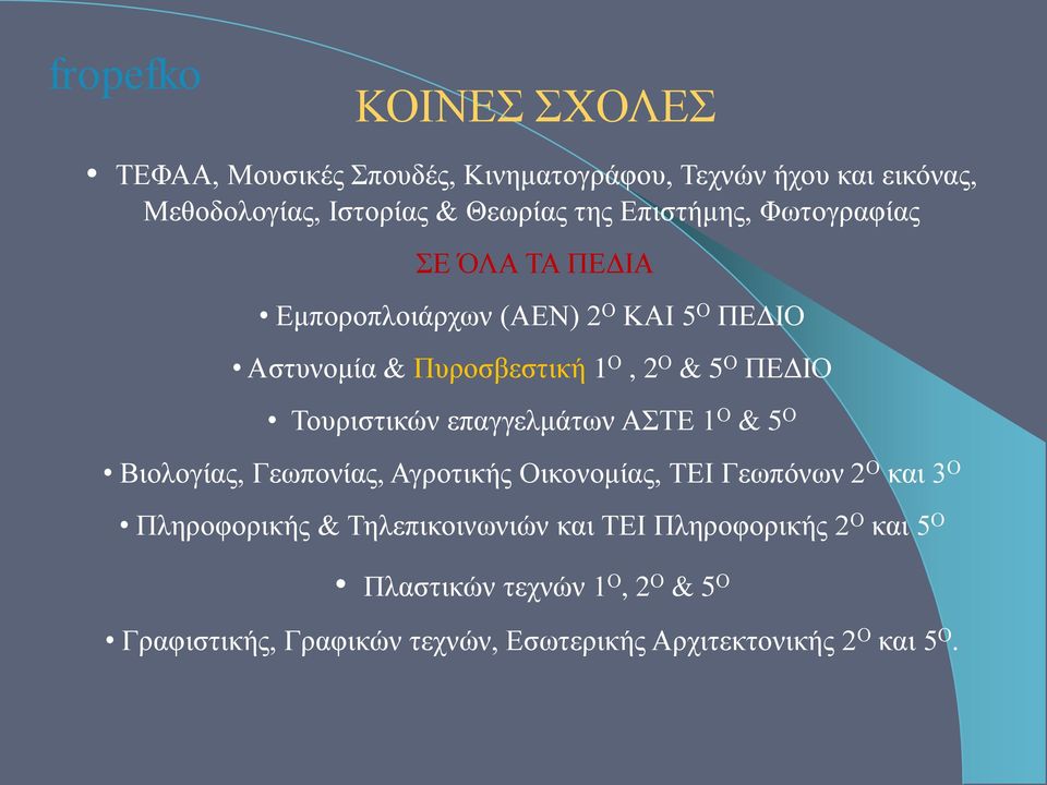 επαγγελμάτων ΑΣΤΕ 1 Ο & 5 Ο Βιολογίας, Γεωπονίας, Αγροτικής Οικονομίας, ΤΕΙ Γεωπόνων 2 Ο και 3 Ο Πληροφορικής & Τηλεπικοινωνιών