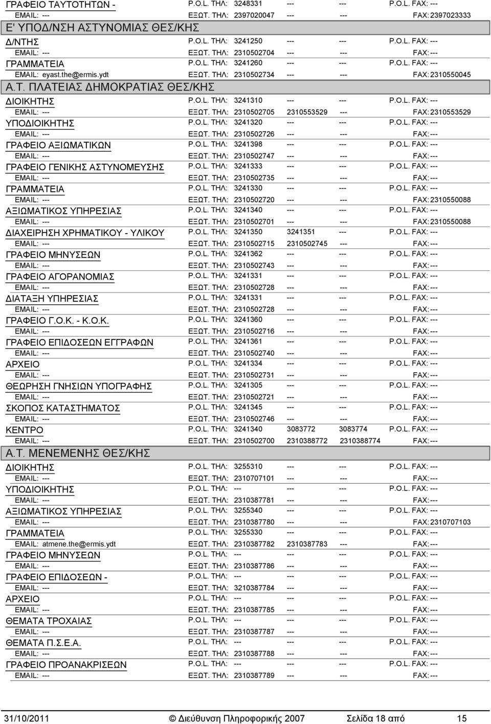 ΤΗΛ: 2310502705 2310553529 --- FAX: 2310553529 ΥΠΟΔΙΟΙΚΗΤΗΣ P.O.L. ΤΗΛ: 3241320 --- --- ΕΞΩΤ. ΤΗΛ: 2310502726 --- --- FAX: --- ΓΡΑΦΕΙΟ ΑΞΙΩΜΑΤΙΚΩΝ P.O.L. ΤΗΛ: 3241398 --- --- ΕΞΩΤ.