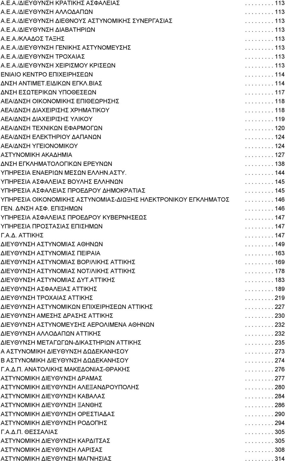 ΕΙΔΙΚΩΝ ΕΓΚΛ.ΒΙΑΣ......... 114 ΔΝΣΗ ΕΣΩΤΕΡΙΚΩΝ ΥΠΟΘΕΣΕΩΝ......... 117 ΑΕΑ/ΔΝΣΗ ΟΙΚΟΝΟΜΙΚΗΣ ΕΠΙΘΕΩΡΗΣΗΣ......... 118 ΑΕΑ/ΔΝΣΗ ΔΙΑΧΕΙΡΙΣΗΣ ΧΡΗΜΑΤΙΚΟΥ......... 118 ΑΕΑ/ΔΝΣΗ ΔΙΑΧΕΙΡΙΣΗΣ ΥΛΙΚΟΥ.