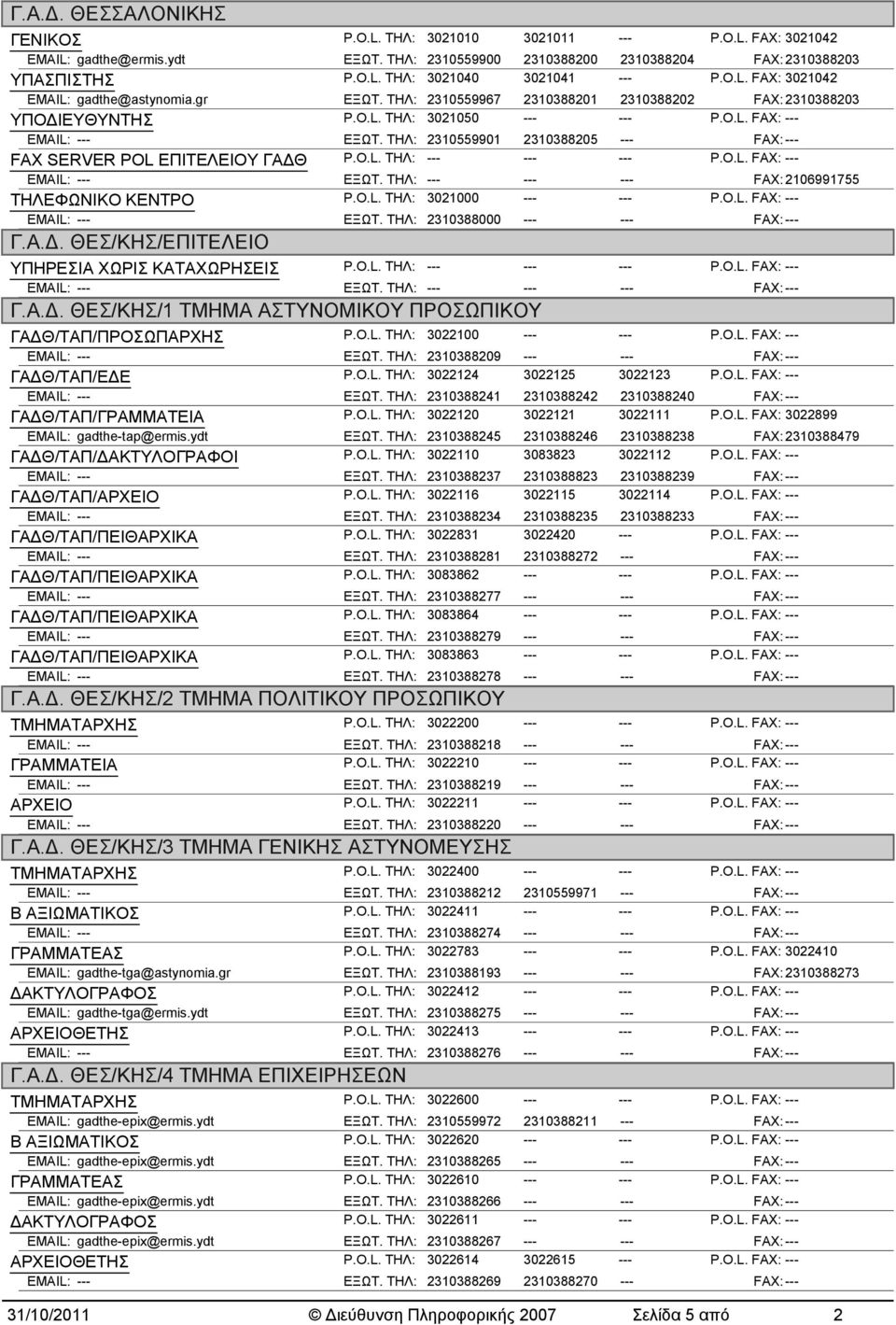 ΤΗΛ: 2310559901 2310388205 --- FAX: --- FAX SERVER POL ΕΠΙΤΕΛΕΙΟΥ ΓΑΔΘ P.O.L. ΤΗΛ: --- --- --- ΕΞΩΤ. ΤΗΛ: --- --- --- FAX: 2106991755 ΤΗΛΕΦΩΝΙΚΟ ΚΕΝΤΡΟ P.O.L. ΤΗΛ: 3021000 --- --- ΕΞΩΤ.