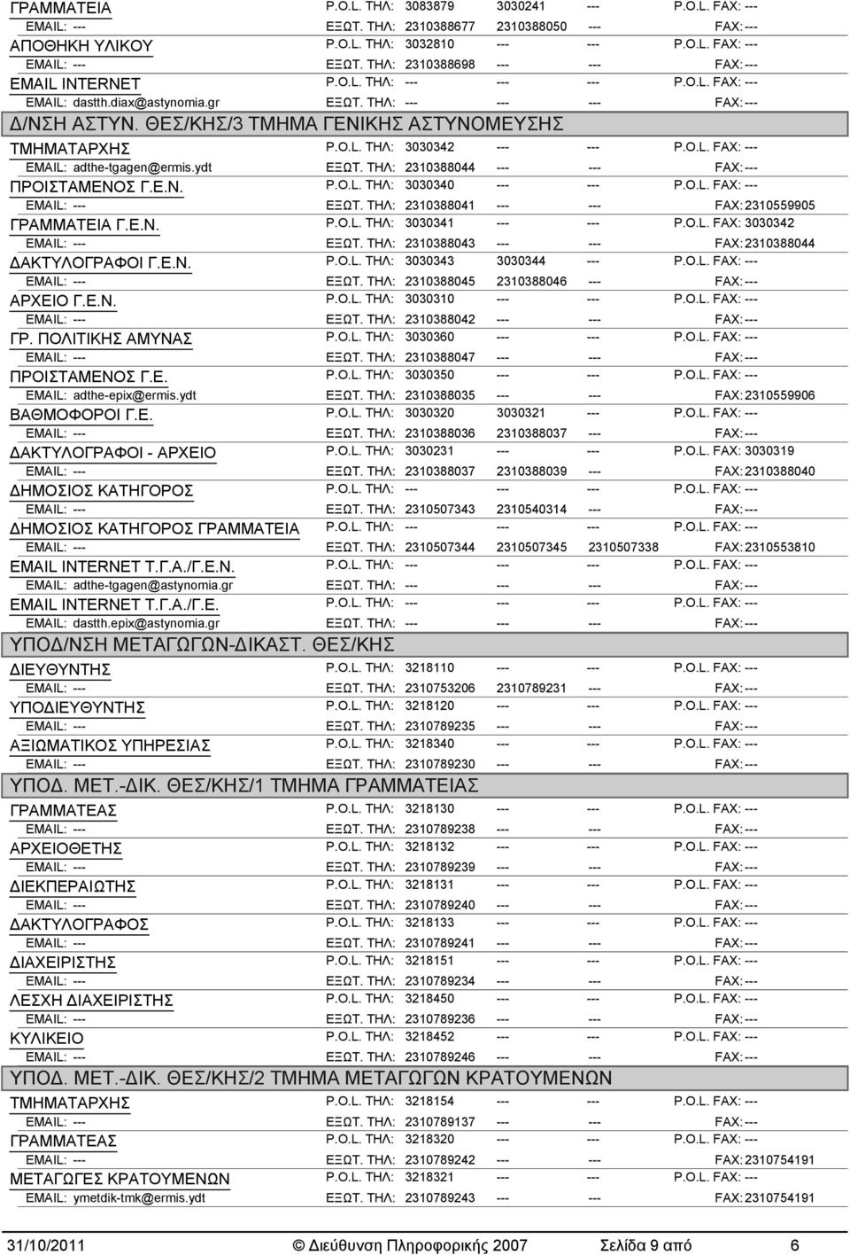 ΤΗΛ: 2310388041 --- --- FAX: 2310559905 ΓΡΑΜΜΑΤΕΙΑ Γ.Ε.Ν. P.O.L. ΤΗΛ: 3030341 --- --- P.O.L. FAX: 3030342 ΕΞΩΤ. ΤΗΛ: 2310388043 --- --- FAX: 2310388044 ΔΑΚΤΥΛΟΓΡΑΦΟΙ Γ.Ε.Ν. P.O.L. ΤΗΛ: 3030343 3030344 --- ΕΞΩΤ.