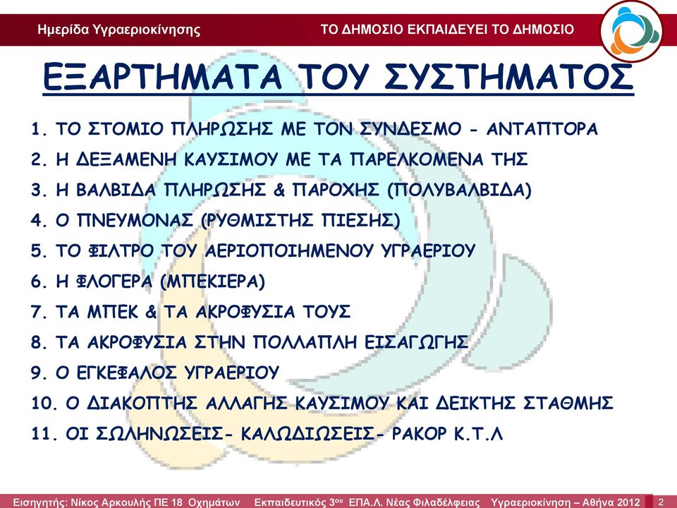 Ο ΠΝΕΥΜΟΝΑΣ (ΡΥΘΜΙΣΤΗΣ ΠΙΕΣΗΣ) 5. ΤΟ ΦΙΛΤΡΟ ΤΟΥ ΑΕΡΙΟΠΟΙΗΜΕΝΟΥ ΥΓΡΑΕΡΙΟΥ 6. Η ΦΛΟΓΕΡΑ (ΜΠΕΚΙΕΡΑ) 7.