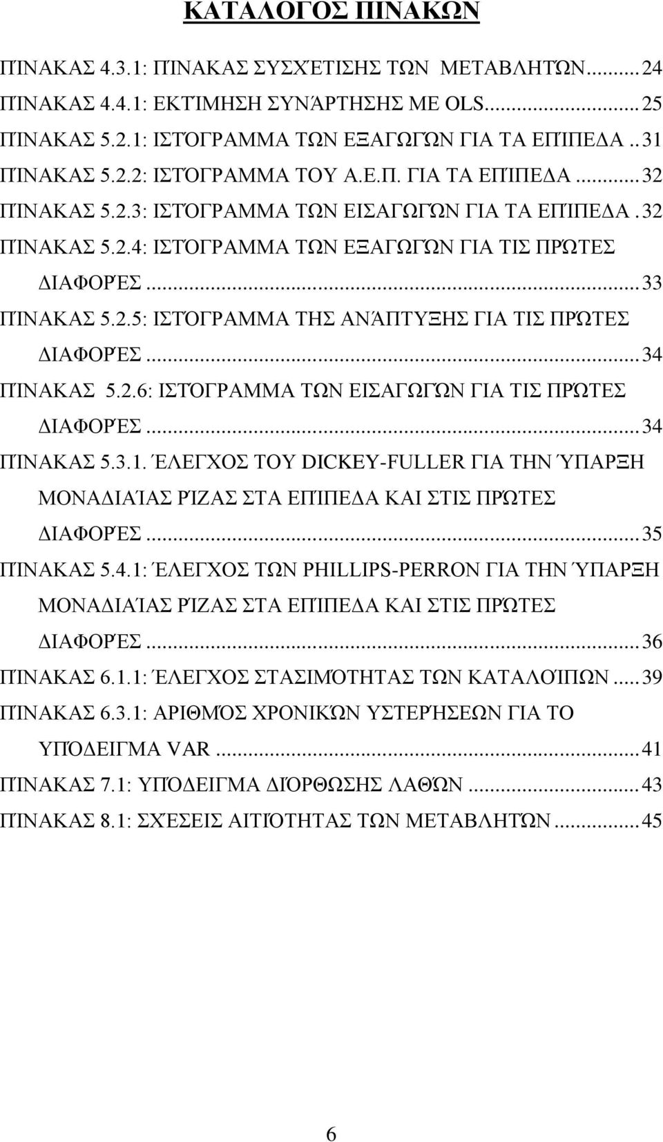 .. 34 ΠΊΝΑΚΑΣ 5.2.6: ΙΣΤΌΓΡΑΜΜΑ ΤΩΝ ΕΙΣΑΓΩΓΏΝ ΓΙΑ ΤΙΣ ΠΡΏΤΕΣ ΔΙΑΦΟΡΈΣ... 34 ΠΊΝΑΚΑΣ 5.3.1. ΈΛΕΓΧΟΣ ΤΟΥ DICKEY-FULLER ΓΙΑ ΤΗΝ ΎΠΑΡΞΗ ΜΟΝΑΔΙΑΊΑΣ ΡΊΖΑΣ ΣΤΑ ΕΠΊΠΕΔΑ ΚΑΙ ΣΤΙΣ ΠΡΏΤΕΣ ΔΙΑΦΟΡΈΣ... 35 ΠΊΝΑΚΑΣ 5.