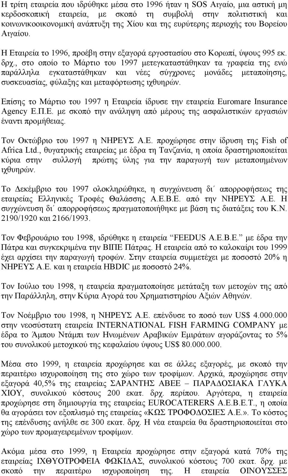 , στο οποίο το Μάρτιο του 1997 µετεγκαταστάθηκαν τα γραφεία της ενώ παράλληλα εγκαταστάθηκαν και νέες σύγχρονες µονάδες µεταποίησης, συσκευασίας, φύλαξης και µεταφόρτωσης ιχθυηρών.