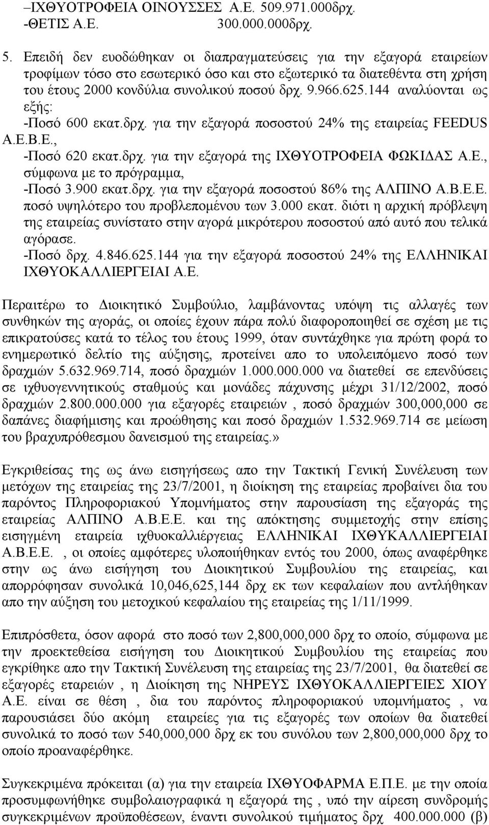 Επειδή δεν ευοδώθηκαν οι διαπραγµατεύσεις για την εξαγορά εταιρείων τροφίµων τόσο στο εσωτερικό όσο και στο εξωτερικό τα διατεθέντα στη χρήση του έτους 2000 κονδύλια συνολικού ποσού δρχ. 9.966.625.