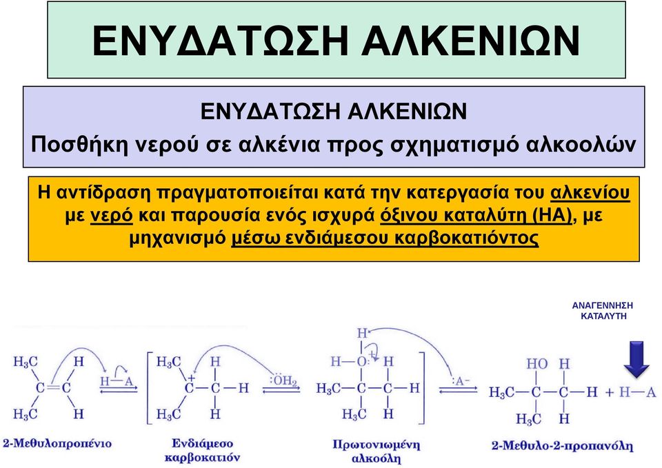 κατεργασία του αλκενίου με νερό και παρουσία ενός ισχυρά όξινου