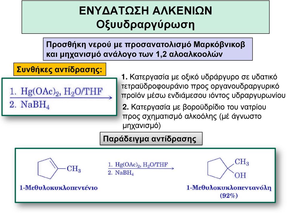 Κατεργασία με οξικό υδράργυρο σε υδατικό τετραϋδροφουράνιο προς οργανουδραργυρικό προϊόν μέσω