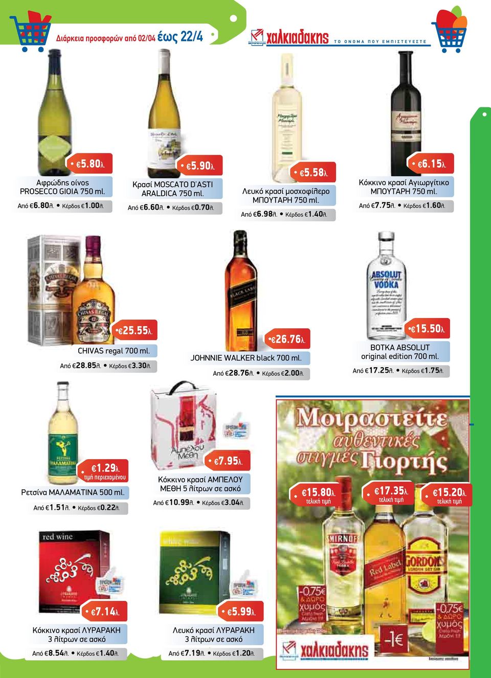 Κέρδος 3.30λ. 26.76λ. JOHNNIE WALKER black 700 ml. Από 28.76λ. Κέρδος 2.00λ. 15.50λ. ΒΟΤΚΑ ABSOLUT original edition 700 ml. Από 17.25λ. Κέρδος 1.75λ. 1.29λ.