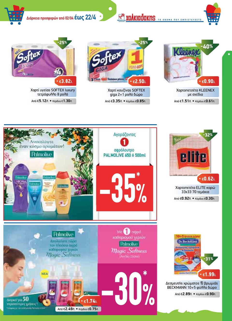 35λ. Κέρδος 0.85λ. 0.90λ. Χαρτοπετσέτα KLEENEX µε σχέδια Από 1.51λ. Κέρδος 0.61λ. -32% -35% * 0.62λ.