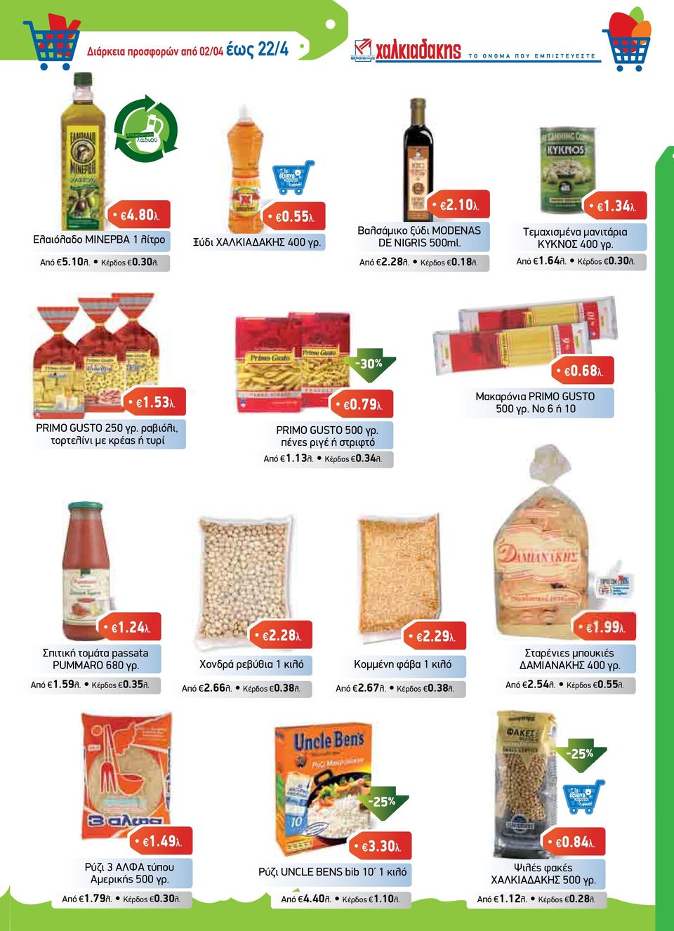 PRIMO GUSTO 500 γρ. πένες ριγέ ή στριφτό Από 1.13λ. Κέρδος 0.34λ. Μακαρόνια PRIMO GUSTO 500 γρ. Nο 6 ή 10 1.24λ. Σπιτική τοµάτα passata PUMMARO 680 γρ. Χονδρά ρεβύθια 1 κιλό 2.28λ. 2.29λ.