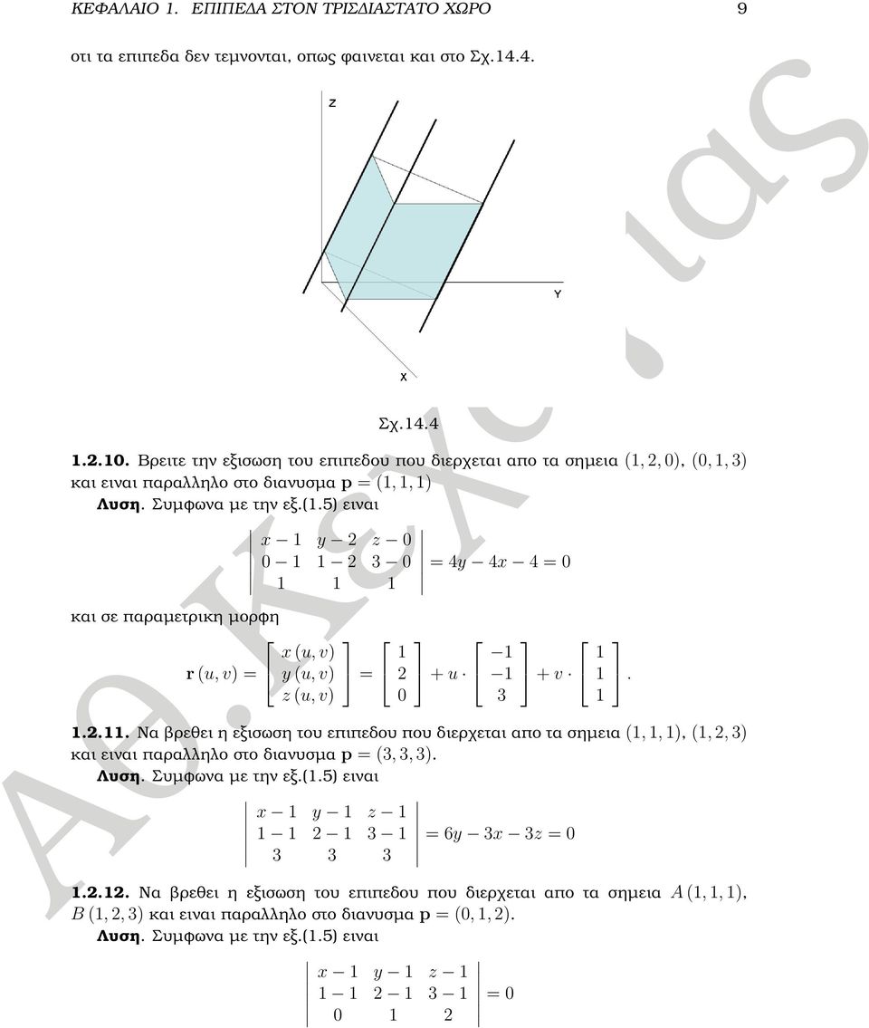 z (u, v) 0 3 1 1.2.11. Να ϐρεθει η εξισωση του επιπεδου που διερχεται απο τα σηµεια (1, 1, 1), (1, 2, 3) και ειναι παραλληλο στο διανυσµα p = (3, 3, 3). Λυση. Συµφωνα µε την εξ.(1.5) ειναι x 1 y 1 z 1 1 1 2 1 3 1 = 6y 3x 3z = 0 3 3 3 1.