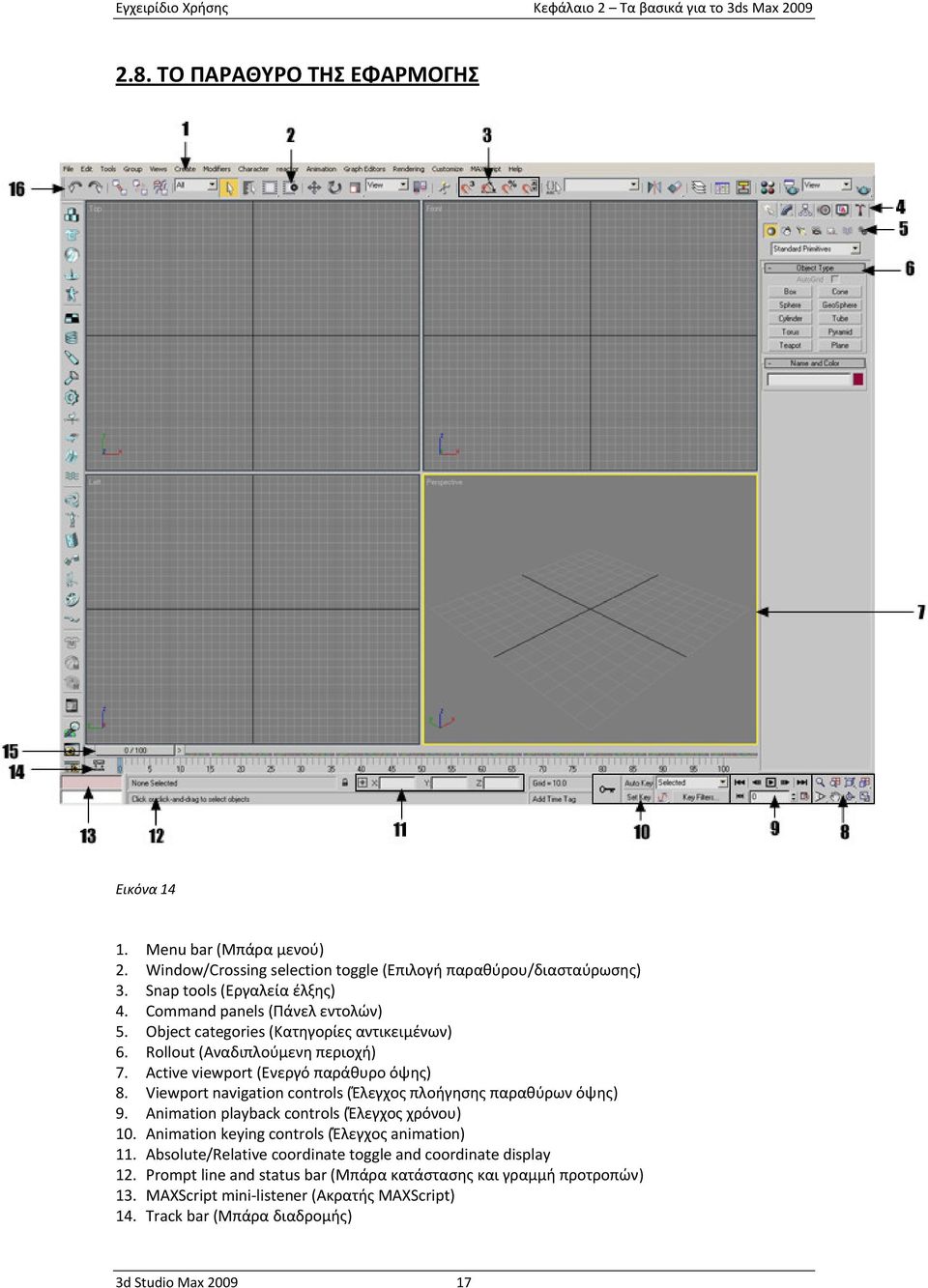 Viewport navigation controls (Έλεγχος πλοήγησης παραθύρων όψης) 9. Animation playback controls (Έλεγχος χρόνου) 10. Animation keying controls (Έλεγχος animation) 11.