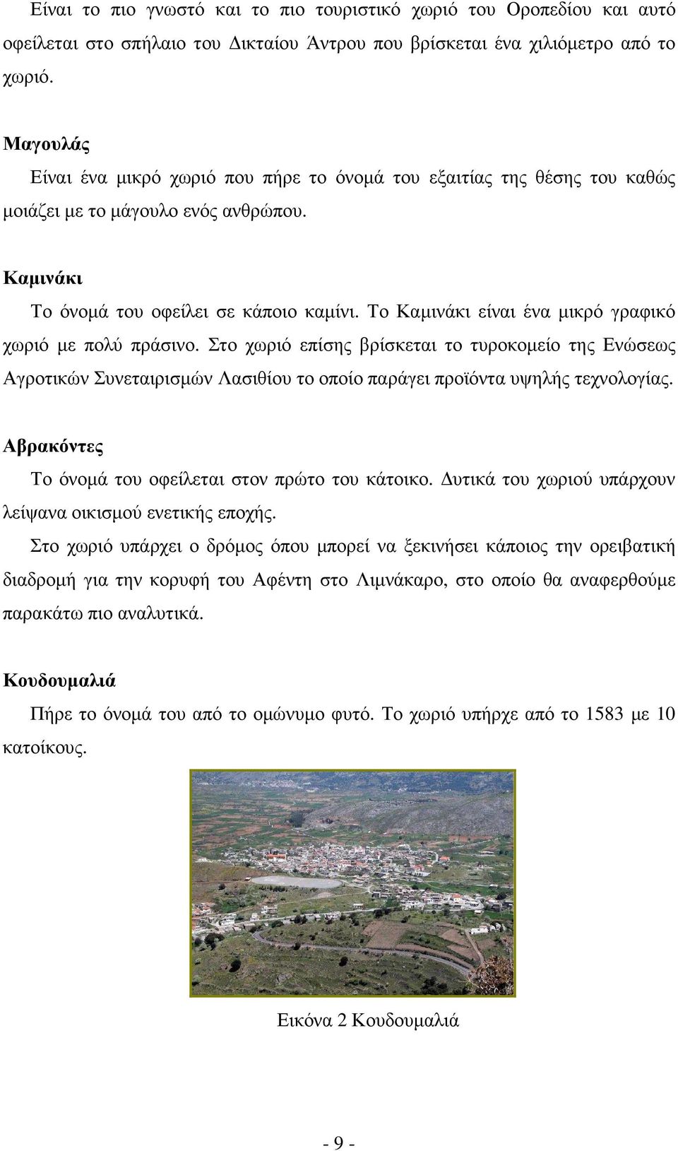 Το Καµινάκι είναι ένα µικρό γραφικό χωριό µε πολύ πράσινο. Στο χωριό επίσης βρίσκεται το τυροκοµείο της Ενώσεως Αγροτικών Συνεταιρισµών Λασιθίου το οποίο παράγει προϊόντα υψηλής τεχνολογίας.