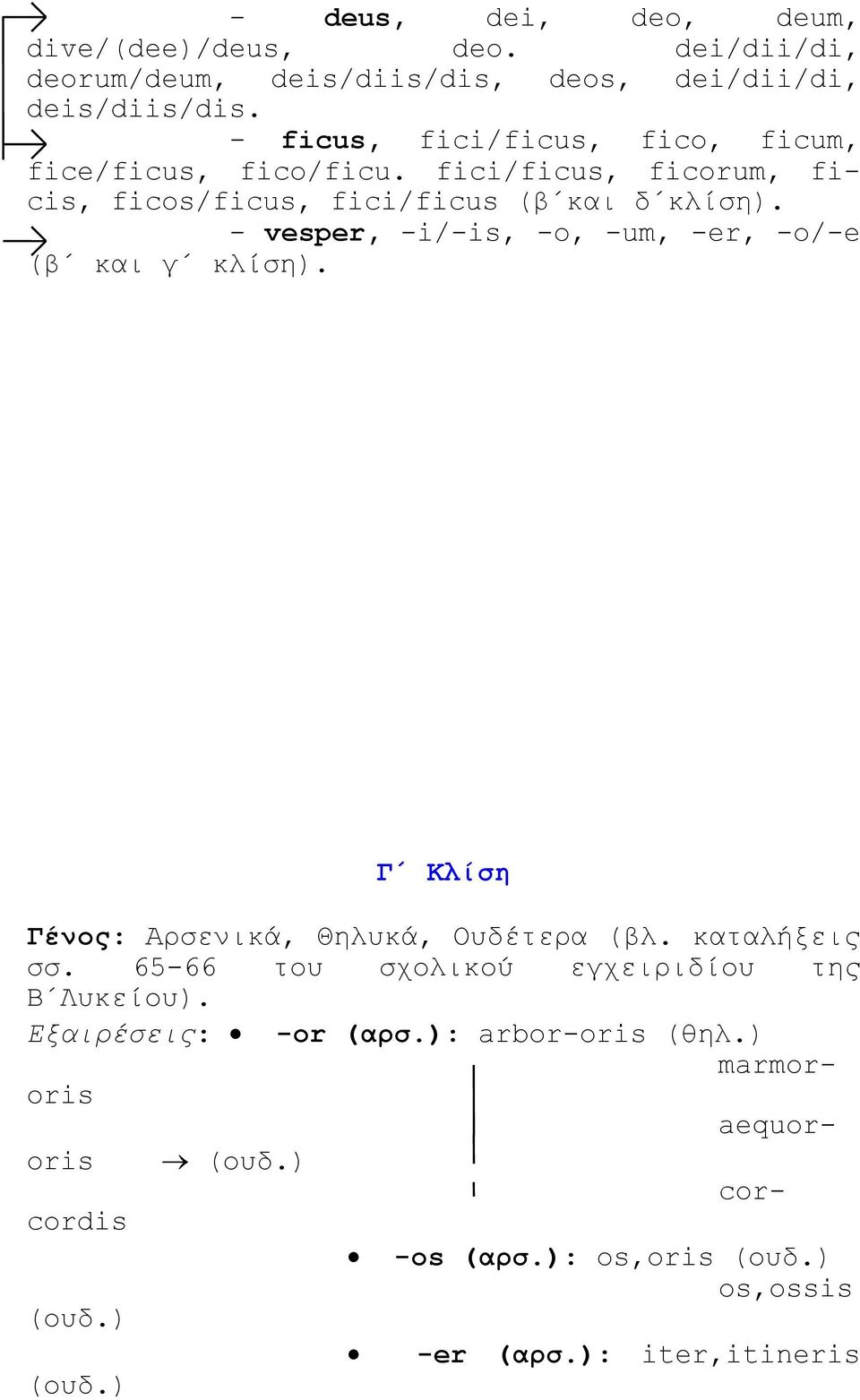 - vesper, -i/-is, -o, -um, -er, -o/-e (β και γ κλίση). Γ Κλίση Γένος: Αρσενικά, Θηλυκά, Ουδέτερα (βλ. καταλήξεις σσ.