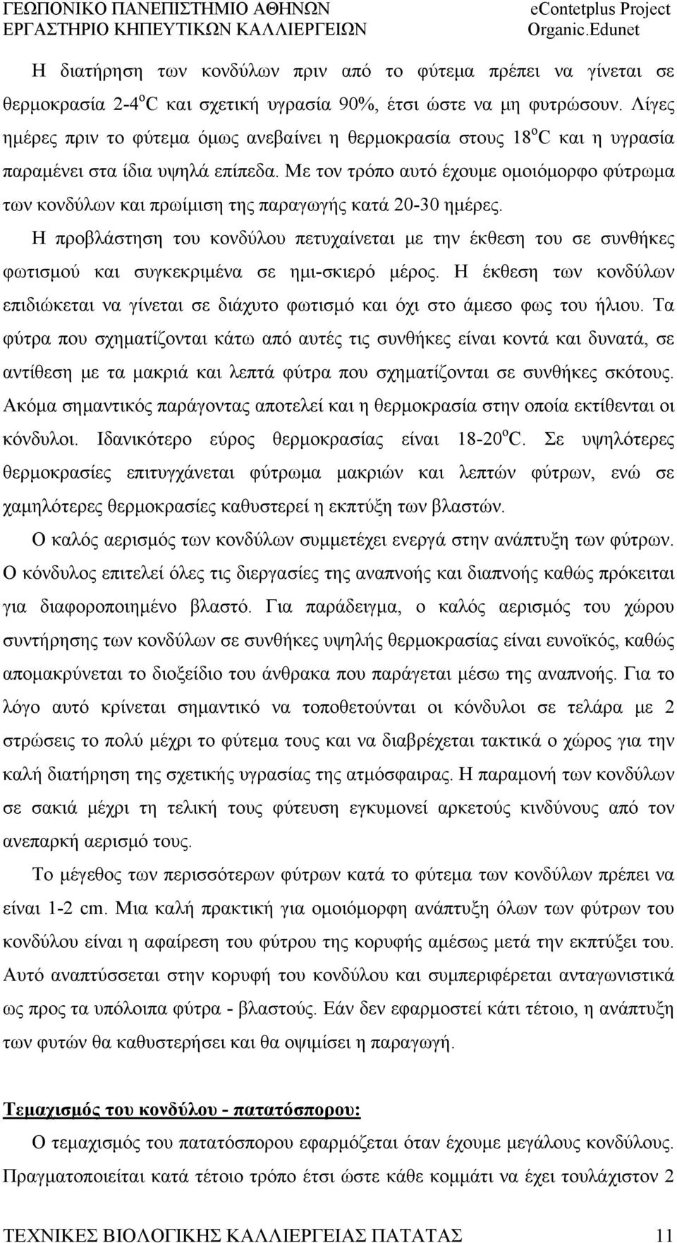 Με τον τρόπο αυτό έχουμε ομοιόμορφο φύτρωμα των κονδύλων και πρωίμιση της παραγωγής κατά 20-30 ημέρες.