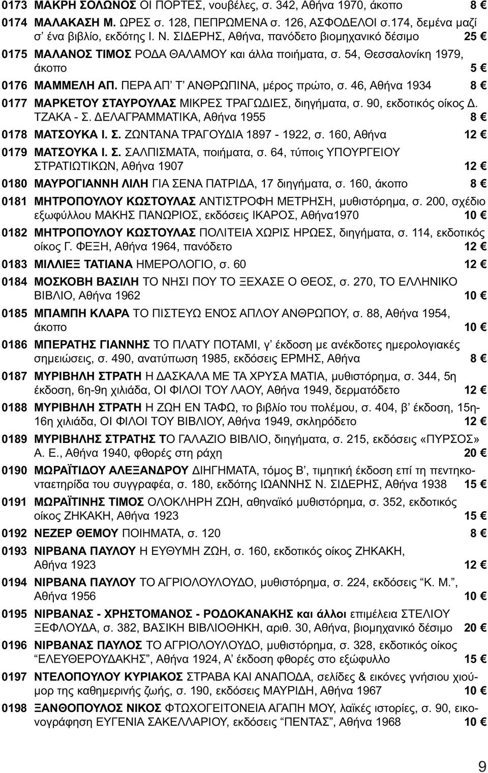 46, Αθήνα 1934 8 0177 ΜΑΡΚΕΤΟΥ ΣΤΑΥΡΟΥΛΑΣ ΜΙΚΡΕΣ ΤΡΑΓΩΔΙΕΣ, διηγήματα, σ. 90, εκδοτικός οίκος Δ. ΤΖΑΚΑ - Σ. ΔΕΛΑΓΡΑΜΜΑΤΙΚΑ, Αθήνα 1955 8 0178 ΜΑΤΣΟΥΚΑ Ι. Σ. ΖΩΝΤΑΝΑ ΤΡΑΓΟΥΔΙΑ 1897-1922, σ.