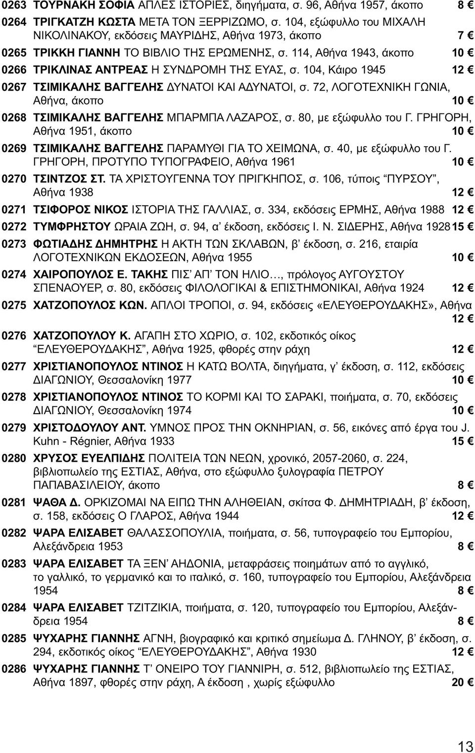 104, Κάιρο 1945 12 0267 ΤΣΙΜΙΚΑΛΗΣ ΒΑΓΓΕΛΗΣ ΔΥΝΑΤΟΙ ΚΑΙ ΑΔΥΝΑΤΟΙ, σ. 72, ΛΟΓΟΤΕΧΝΙΚΗ ΓΩΝΙΑ, Αθήνα, άκοπο 10 0268 ΤΣΙΜΙΚΑΛΗΣ ΒΑΓΓΕΛΗΣ ΜΠΑΡΜΠΑ ΛΑΖΑΡΟΣ, σ. 80, με εξώφυλλο του Γ.