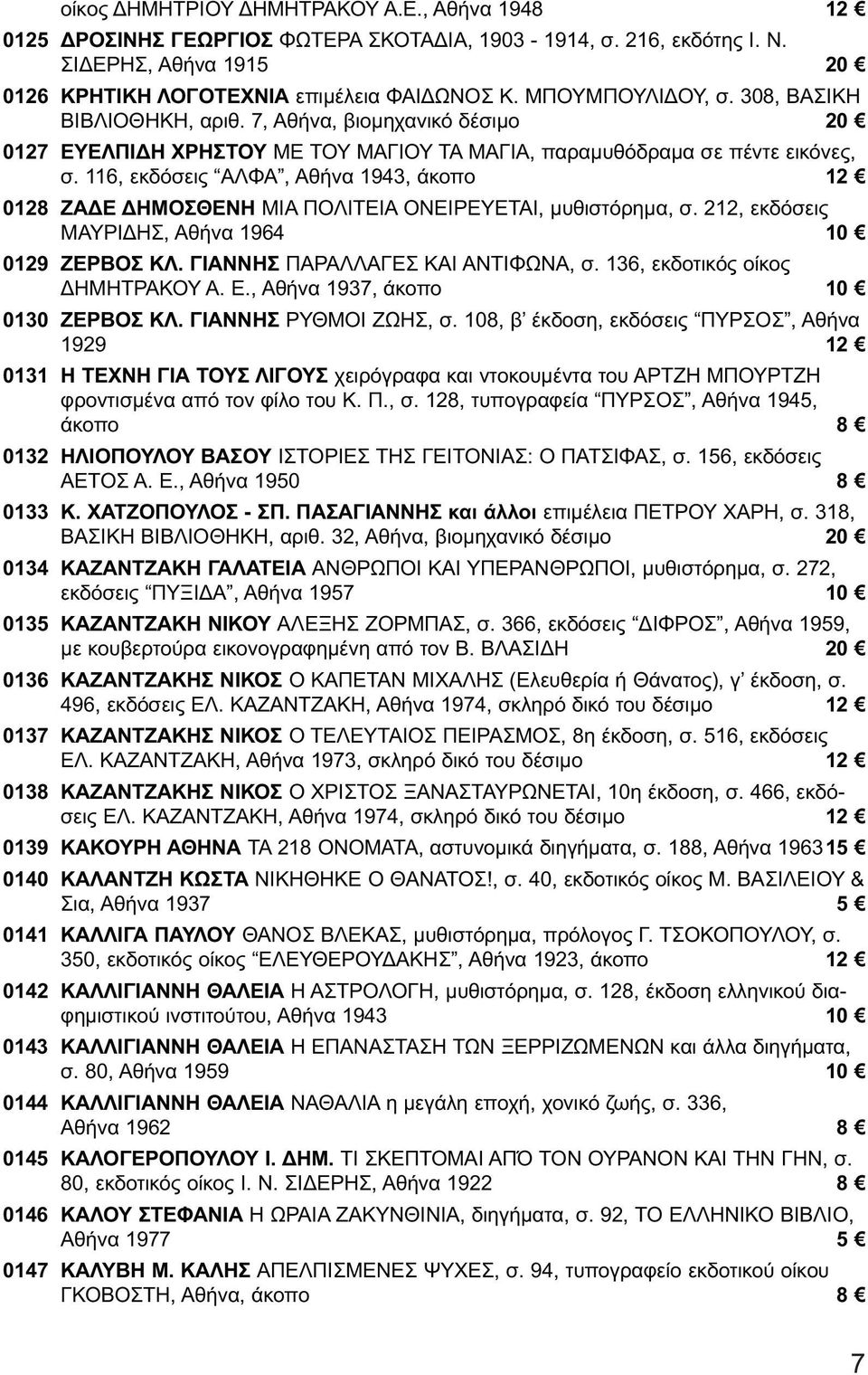 116, εκδόσεις ΑΛΦΑ, Αθήνα 1943, άκοπο 12 0128 ΖΑΔΕ ΔΗΜΟΣΘΕΝΗ ΜΙΑ ΠΟΛΙΤΕΙΑ ΟΝΕΙΡΕΥΕΤΑΙ, μυθιστόρημα, σ. 212, εκδόσεις ΜΑΥΡΙΔΗΣ, Αθήνα 1964 10 0129 ΖΕΡΒΟΣ ΚΛ. ΓΙΑΝΝΗΣ ΠΑΡΑΛΛΑΓΕΣ ΚΑΙ ΑΝΤΙΦΩΝΑ, σ.