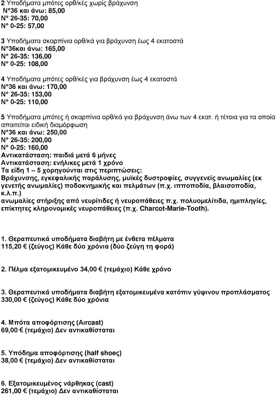 ή τέτοια για τα οποία απαιτείται ειδική διαμόρφωση Ν 36 και άνω: 250,00 Ν 26-35: 200,00 Ν 0-25: 160,00 Aντικατάσταση: παιδιά μετά 6 μήνες Αντικατάσταση: ενήλικες μετά 1 χρόνο Τα είδη 1 5 χορηγούνται