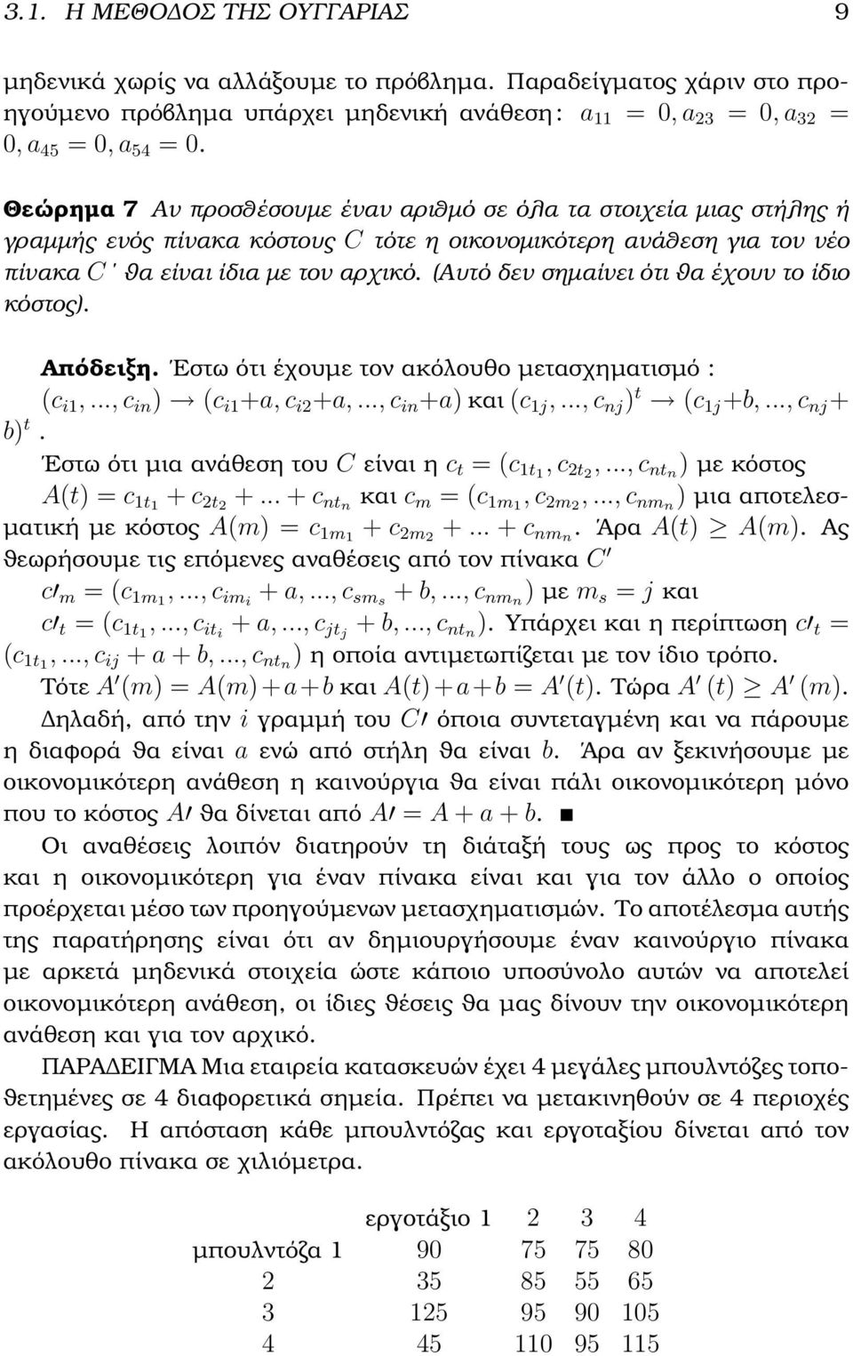 (Αυτό δεν σηµαίνει ότι ϑα έχουν το ίδιο κόστος). Απόδειξη. Εστω ότι έχουµε τον ακόλουθο µετασχηµατισµό : (c i1,..., c in ) (c i1 +a, c i2 +a,..., c in +a) και (c 1j,..., c nj ) t (c 1j +b,.