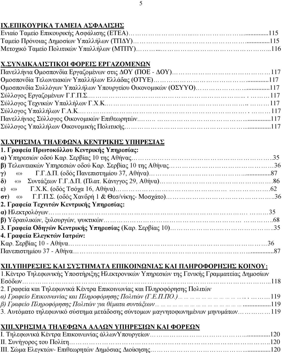 ..117 Oμοσπονδία Συλλόγων Yπαλλήλων Yπουργείου Oικονομικών (OΣYYO)...117 Σύλλογος Εργαζομένων Γ.Γ.Π.Σ..... 117 Σύλλογος Τεχνικών Υπαλλήλων Γ.Χ.Κ... 117 Σύλλογος Υπαλλήλων Γ.Λ.Κ... 117 Πανελλήνιος Σύλλογος Οικονομικών Επιθεωρητών.