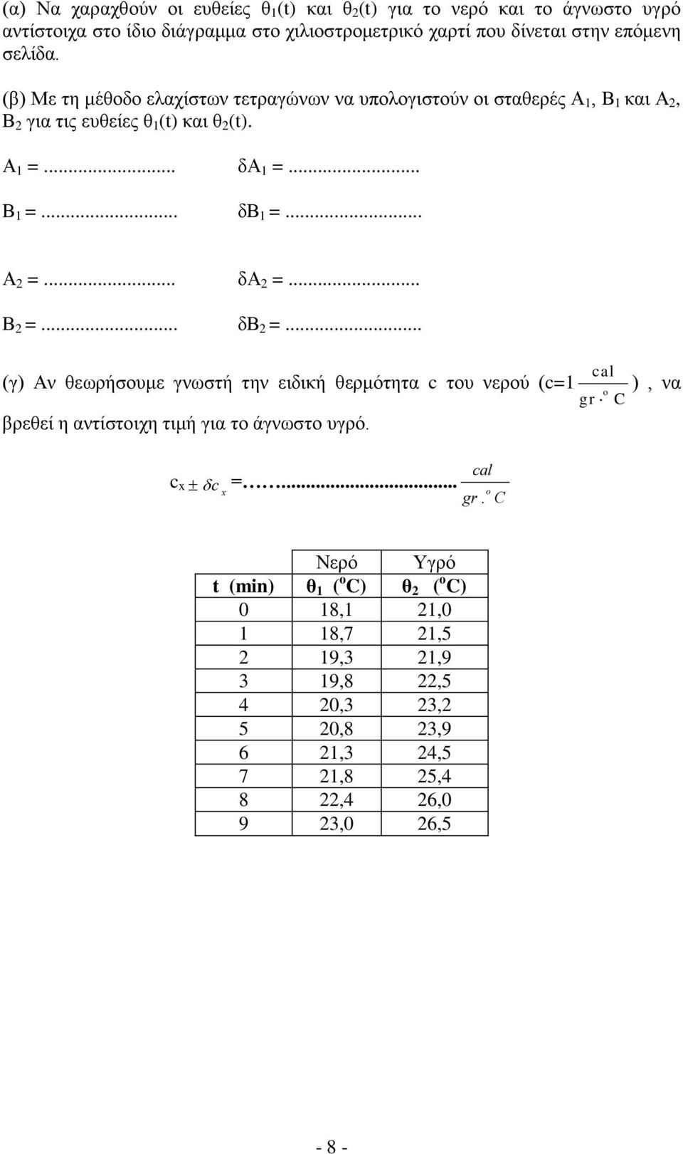 .. Α =... δα =... Β =... δβ =... cal (γ) Αν θεωρήσουμε γνωστή την ειδική θερμότητα c του νερού (c=1 o gr C βρεθεί η αντίστοιχη τιμή για το άγνωστο υγρό.