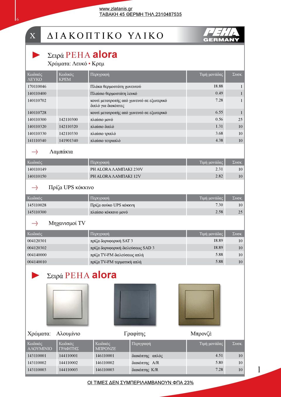 56 25 140110320 142110320 πλαίσιο διπλό 1.31 10 140110330 142110330 πλαίσιο τριπλό 3.68 10 141110340 141901340 πλαίσιο τετραπλό 4.38 10 Λαμπάκια Περιγραφή Τιμή μονάδας Συσκ.