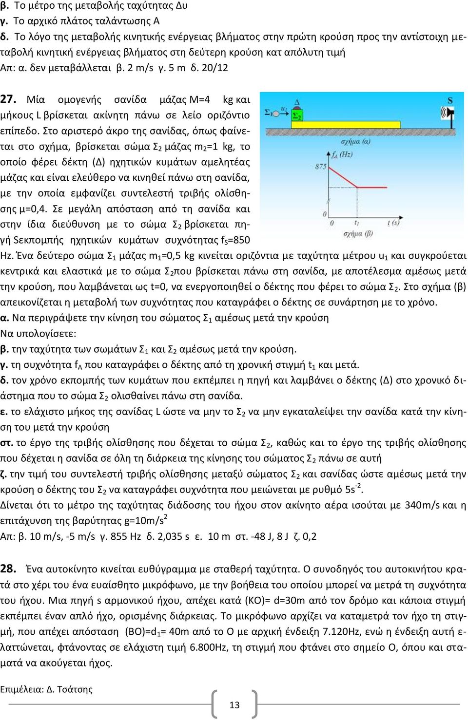 5 m δ. 20/12 27. Μία ομογενής σανίδα μάζας Μ=4 kg και μήκους L βρίσκεται ακίνητη πάνω σε λείο οριζόντιο επίπεδο.