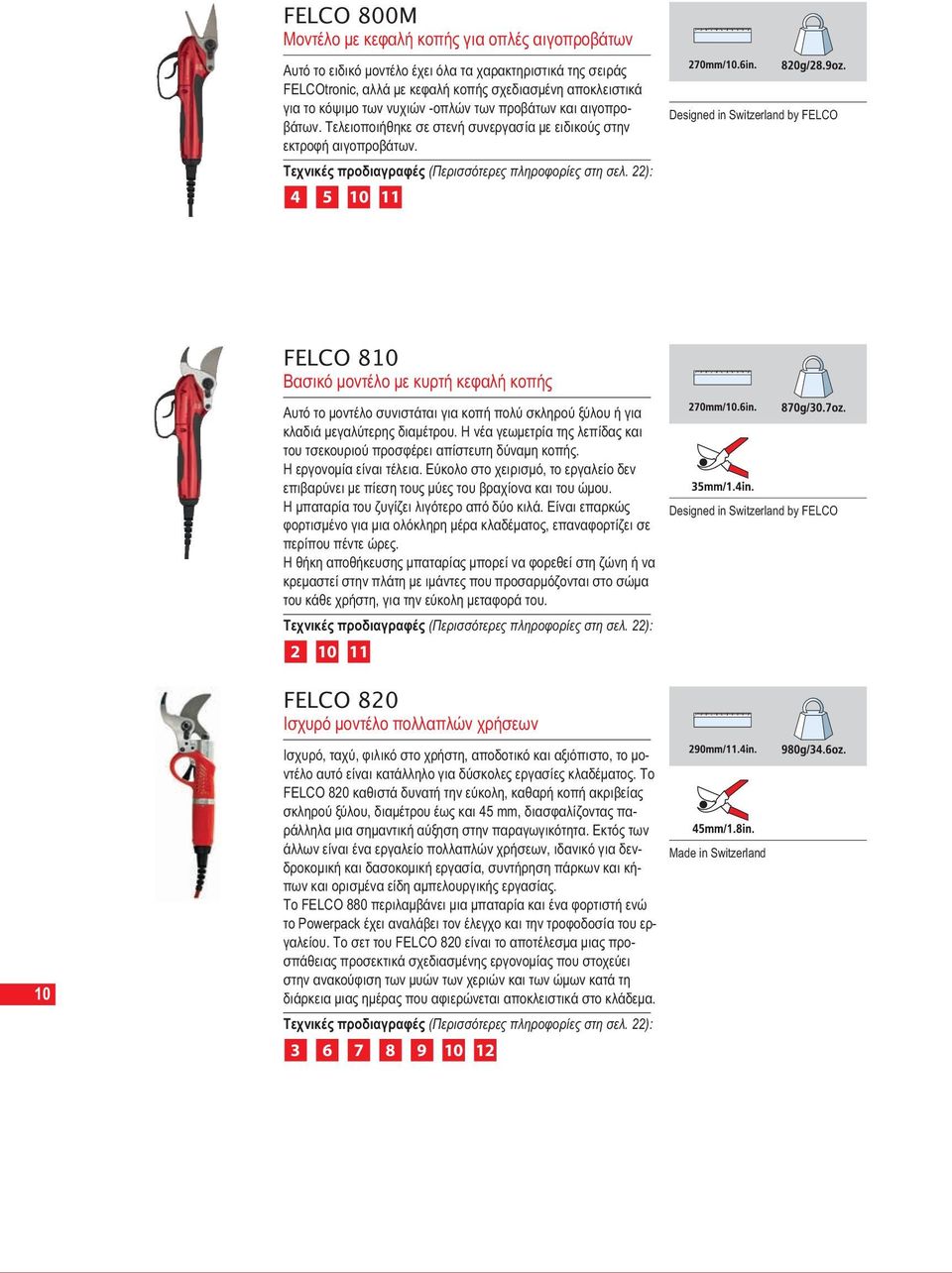 22): 4 5 10 11 Designed in Switzerland by FELCO FELCO 810 Βασικό μοντέλο με κυρτή κεφαλή κοπής Αυτό το μοντέλο συνιστάται για κοπή πολύ σκληρού ξύλου ή για κλαδιά μεγαλύτερης διαμέτρου.