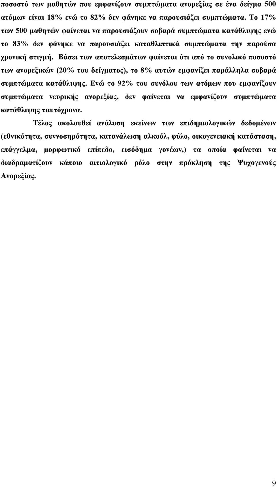 Βάσει των αποτελεσµάτων φαίνεται ότι από το συνολικό ποσοστό των ανορεξικών (20% του δείγµατος), το 8% αυτών εµφανίζει παράλληλα σοβαρά συµπτώµατα κατάθλιψης.