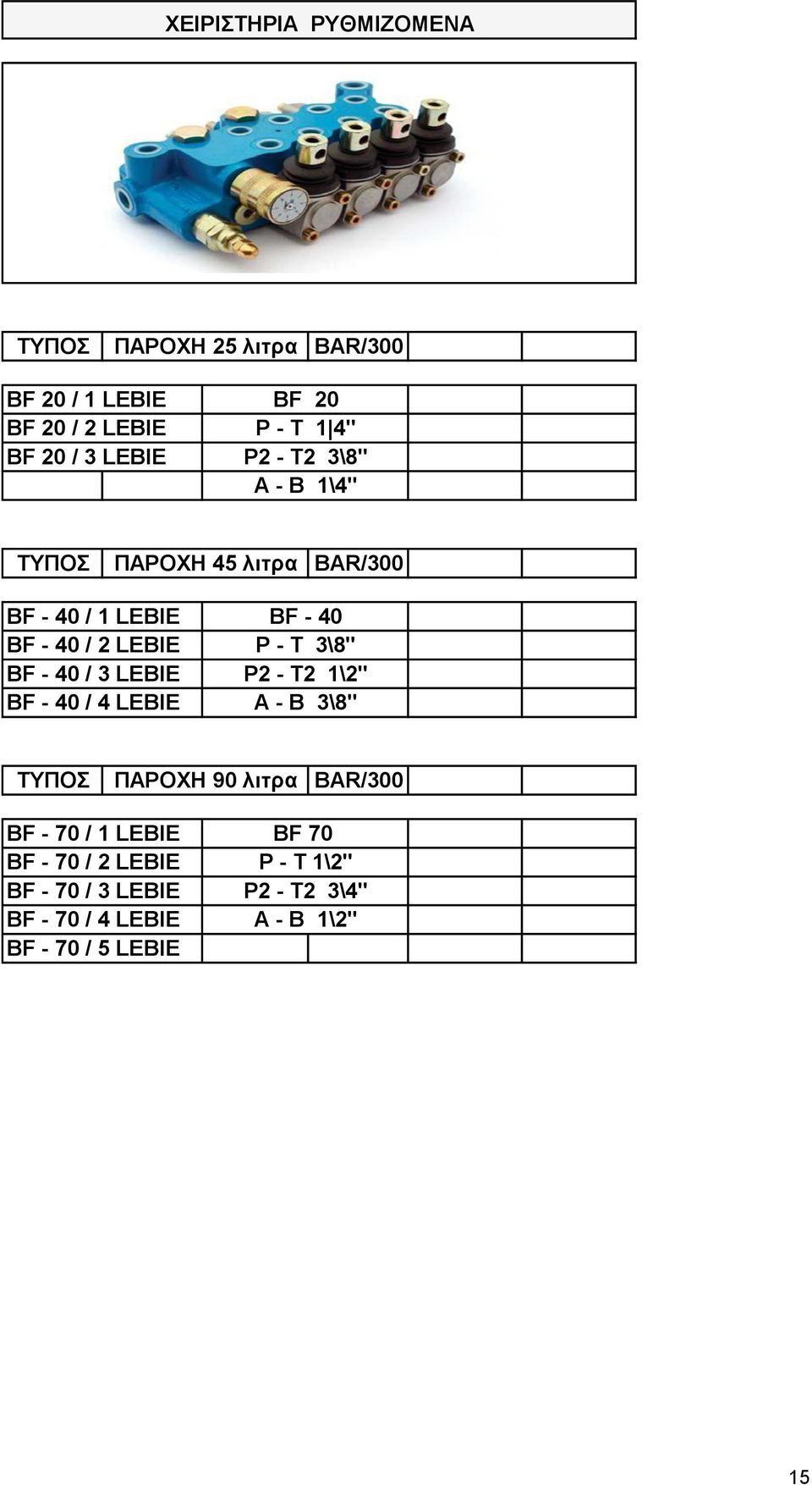 LEBIE BF - 40 / 4 LEBIE BF - 40 P - T " P2 - T2 " A - B " ΠΑΡΟΧΗ 90 λιτρα BAR/300 BF - 70 / 1 LEBIE BF