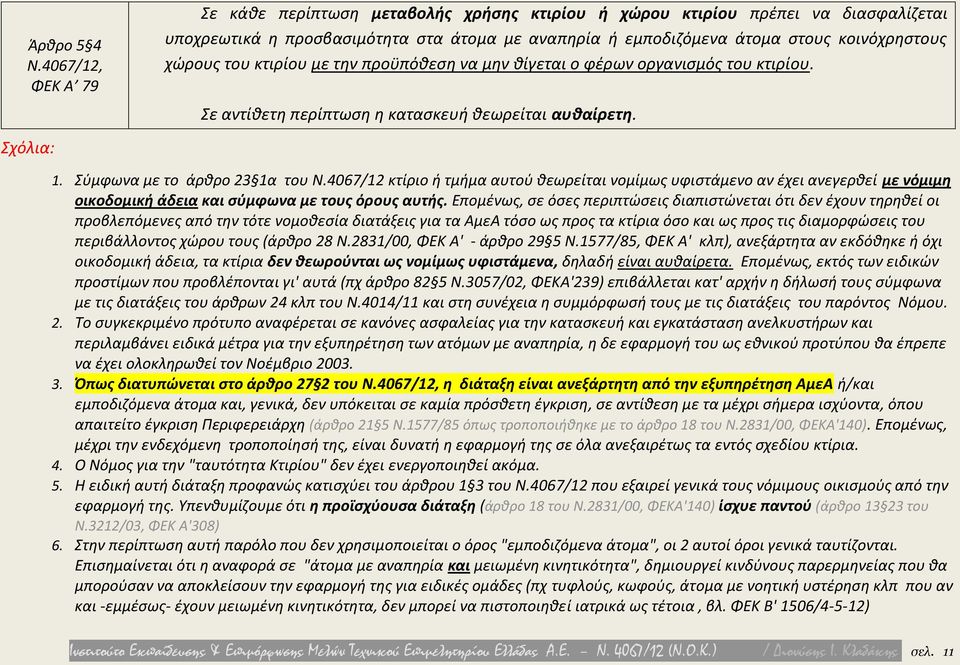 4067/12 κτίριο ή τμήμα αυτού θεωρείται νομίμως υφιστάμενο αν έχει ανεγερθεί με νόμιμη οικοδομική άδεια και σύμφωνα με τους όρους αυτής.
